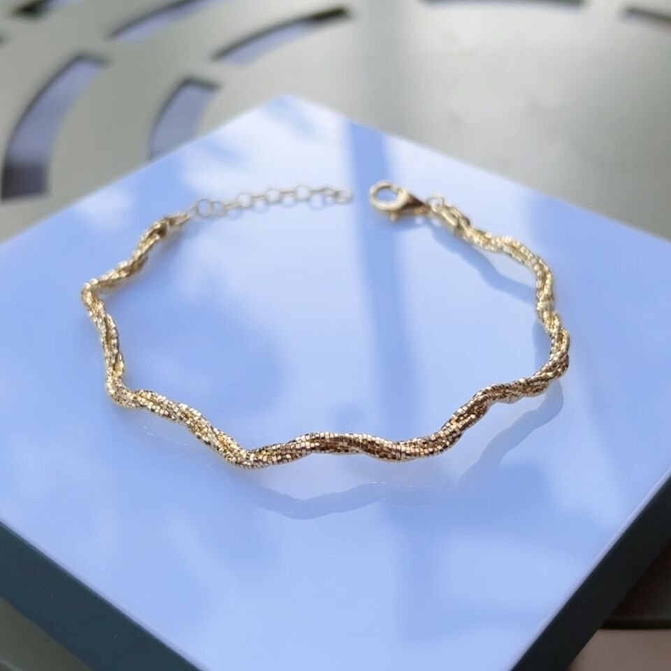 925 Ayar Gümüş Altın Kaplama Dalgalı Bileklik