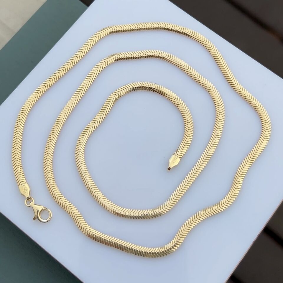 925 Ayar Gümüş Altın Kaplama Balık Sırtı Vela Zincir Kolye 3 mm