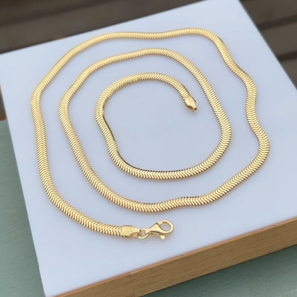 925 Ayar Gümüş Altın Kaplama Balık Sırtı Vela Zincir Kolye 3 mm