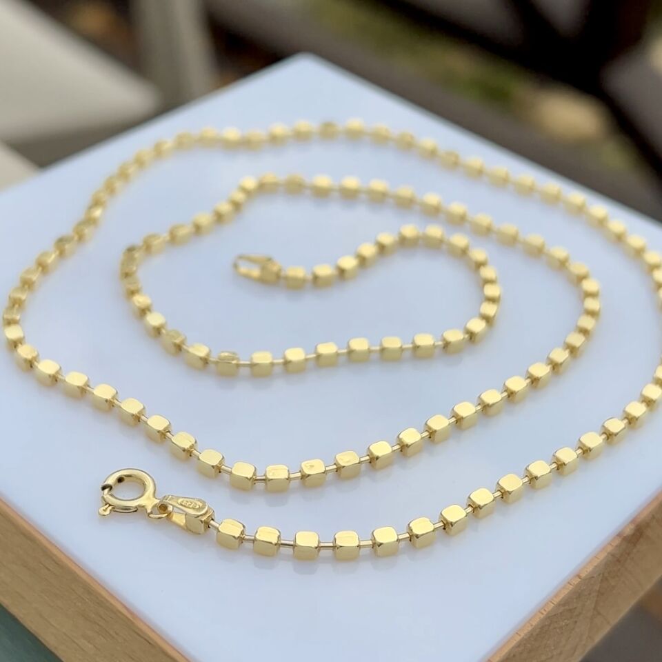 925 Ayar Gümüş Altın Kaplama Melor Küp Zincir Kolye