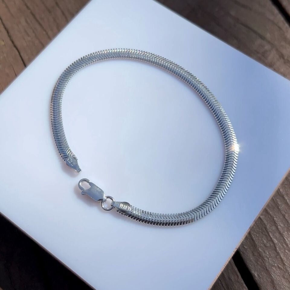Rodyum Kaplamalı Balık Sırtı Bileklik 4 mm 925 Ayar Gümüş