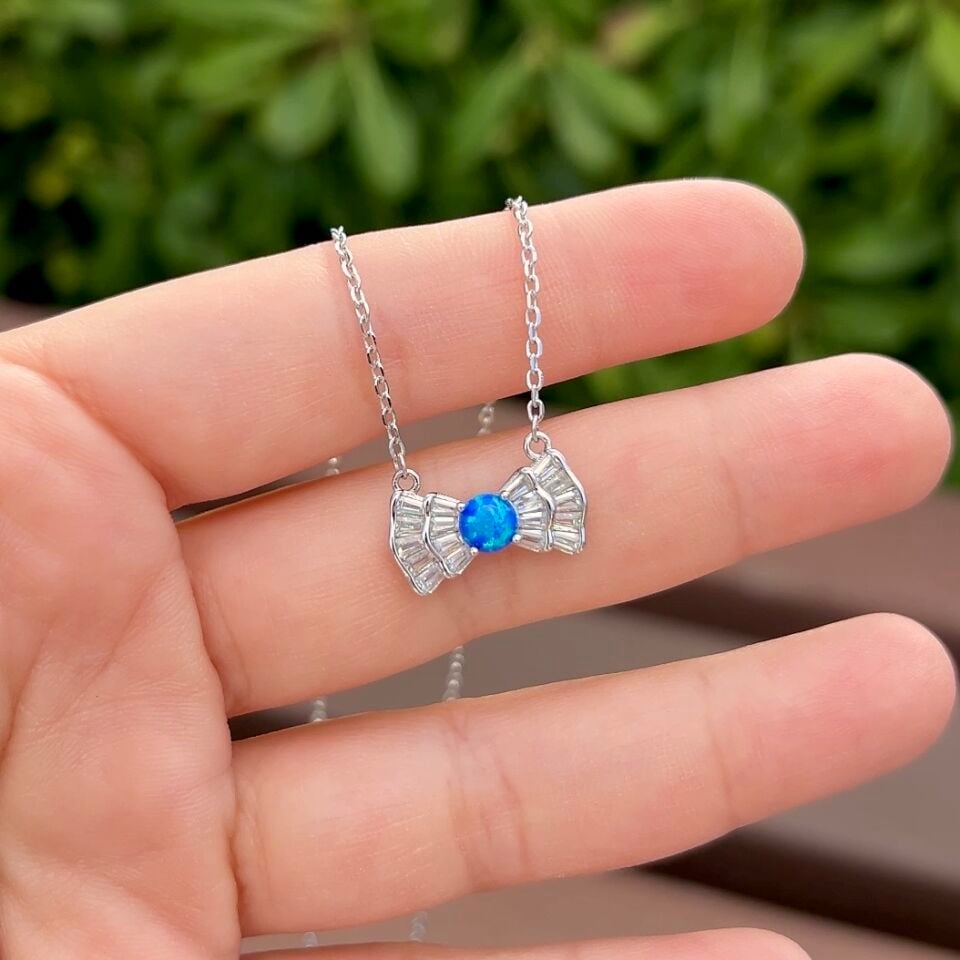 Opal Taşlı Papyon Kolye 925 Ayar Gümüş